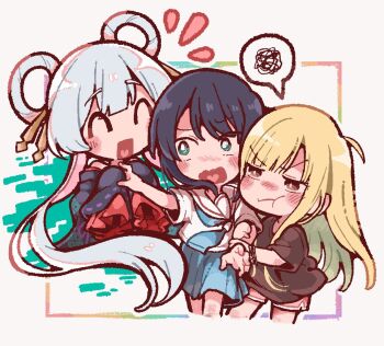 3girls :t ^_^ aqua_eyes black_hair blonde_hair blue_neckerchief blue_skirt blush bright_pupils brown_eyes brown_shirt cho_kaguya-hime! closed_eyes commentary_request cropped_legs deformed glaring hair_ornament hair_ribbon hair_stick heart heart_in_mouth henyomen holding_another's_arm japanese_clothes kaguya_(cho_kaguya-hime!) kimono multicolored_hair multiple_girls neckerchief pink_hair pink_shorts ribbon runami_yachiyo sailor_collar sailor_shirt sakayori_iroha school_uniform shirt shorts skirt sleeves_past_fingers sleeves_past_wrists spoken_squiggle squiggle two-tone_hair wavy_mouth white_hair