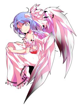 Rule 34 | 1girl, alphes (style), bare arms, blue hair, commentary request, dairi, defeat, dress, feathered wings, feathers, frilled dress, frills, full body, hair ribbon, large variant set, mai (touhou), medium hair, parody, puffy short sleeves, puffy sleeves, ribbon, short sleeves, socks, solo, style parody, tachi-e, torn clothes, touhou, touhou (pc-98), transparent background, variant set, white dress, white ribbon, white socks, white wings, wings