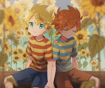 Rule 34 | 2boys, absurdres, blonde hair, blue shorts, brothers, brown shorts, claus (mother 3), closed eyes, closed mouth, crying, field, flower, flower field, green eyes, highres, holding hands, lucas (mother 3), male focus, miromoppara-kun, mother (series), mother 3, multiple boys, nintendo, orange hair, outdoors, shirt, shorts, siblings, striped clothes, striped shirt, sunflower, sunflower field, twins