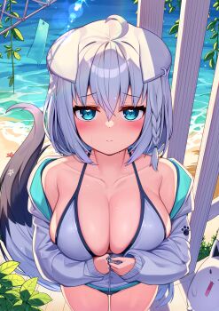 1girl absurdres animal_ears beach bikini blush braid breasts closed_mouth deaver fox_ears fox_girl fox_tail hair_between_eyes highres hololive jacket large_breasts looking_at_viewer ocean open_clothes open_jacket outdoors pentagram shirakami_fubuki single_braid solo swimsuit tail virtual_youtuber white_bikini white_hair white_jacket