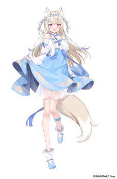 1girl :d absurdres animal_ears bandaid bandaid_hair_ornament bare_shoulders blonde_hair blue_hairband blue_hanbok blue_shoes blue_skirt blue_streaks chima_(clothes) commentary_request copyright_name crossed_bangs dog_ears dog_girl dog_tail double-parted_bangs fangs full_body fuwawa_abyssgard hair_between_eyes hair_ornament hairband hairclip hanbok highres hololive hololive_english korean_clothes long_hair long_sleeves looking_at_viewer multicolored_hair off-shoulder_shirt off_shoulder official_art open_mouth parallel_hairclips pink_eyes sankyaku_tako shirt shoes simple_background skin_fangs skirt skirt_hold smile solo streaked_hair tail two_side_up virtual_youtuber white_background white_hanbok white_shirt