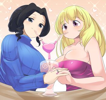 2girls black_eyes black_hair blonde_hair blue_sweater blush breasts character_request closed_mouth commentary_request copyright_request drill_hair drill_sidelocks drink drinking_straw drinking_straw_in_mouth fingernails fisheye heart highres holding_hands interlocked_fingers jewelry large_breasts lets0020 long_hair long_sleeves mini_person miniboy multiple_girls pink_nails pink_shirt purple_eyes ring shared_straw shirt short_hair sidelocks smile sparkle strapless strapless_shirt sweater upper_body yuri