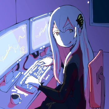 1girl black_dress bug butterfly chair coffee computer desk dress echidna_(re:zero) green_butterfly green_eyes highres hikikomori insect long_hair night re:zero_kara_hajimeru_isekai_seikatsu sitting tongue tongue_out typing user_zehg8388 white_hair