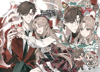 1boy 1girl animal_ears bow brown_hair chibi chibi_inset closed_eyes collared_shirt dress evodtonaeco food formal_clothes frills glasses green_necktie hair_bow hat highres holding jacket jewelry long_hair long_sleeves monocle multiple_girls necktie open_mouth original pants parted_bangs plaid_clothes plaid_dress plaid_skirt red_bow red_jacket ring shirt short_hair skirt smile white_shirt