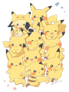 bright_pupils brown_eyes closed_mouth ditto gen_1_pokemon gen_2_pokemon hat hood hoodie kana_(maple926) looking_at_viewer nintendo no_humans pichu pikachu pokemon pokemon_(creature) simple_background smile transformed_ditto twitter_username white_background white_pupils