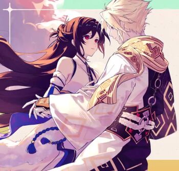 1boy 1girl animated bare_shoulders black_hair blonde_hair blue_eyes blush cloud_strife cloud_strife_(official_festive_garb) cowboy_shot detached_sleeves final_fantasy final_fantasy_vii final_fantasy_vii:_ever_crisis hair_ornament japanese_clothes kimono long_hair looking_at_another mao_(expuella) obi official_alternate_costume parted_lips red_eyes rope sash scarf short_hair sleeveless sleeveless_kimono spiked_hair tagme tifa_lockhart tifa_lockhart_(festive_blue_daffodil_attire) video white_kimono white_sleeves wide_sleeves