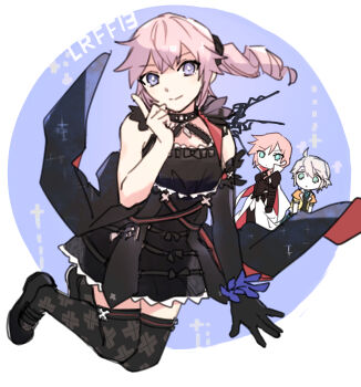 1boy 2girls ahoge aqua_eyes armor black_armor black_dress black_gloves black_shoes black_thighhighs border breasts cape chibi chibi_inset choker closed_mouth crossed_bangs dress elbow_gloves final_fantasy final_fantasy_xiii gloves green_eyes grey_hair hair_between_eyes hair_tie hamagurihime highres hope_estheim lightning_farron lightning_returns:_final_fantasy_xiii long_hair medium_breasts multiple_girls pink_hair purple_background purple_eyes red_cape ribbon_choker serah_farron shoes short_dress short_hair siblings side_ponytail single_elbow_glove sisters sketch smile thighhighs two-sided_cape two-sided_fabric white_border white_cape zettai_ryouiki