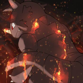 absurdres embers fangs gen_1_pokemon highres lava nintendo no_humans pokemon pokemon_(creature) red_eyes rhydon solo spicyichizo