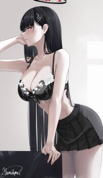 1girl absurdres bare_shoulders black_bra black_hair black_skirt blue_archive blush bra breasts cleavage hair_ornament hairclip halo highres large_breasts long_hair red_eyes rio_(blue_archive) skirt solo thighs underwear very_long_hair yamikyon