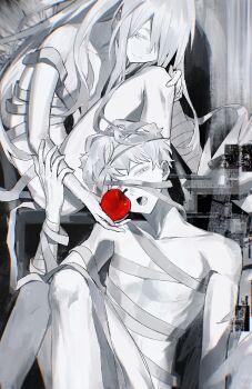 1boy 1girl absurdres angel_wings apple bandaged_arm bandaged_chest bandaged_hand bandaged_head bandaged_leg bandages behind_another border bound bound_together cathedral church closed_eyes commentary completely_nude desk facing_to_the_side feathered_wings food fruit glitch grey_eyes hair_over_one_eye hand_on_another's_arm hand_on_ground hand_on_own_knee hazel_maier highres holding holding_food holding_fruit indoors knees_up leaning_to_the_side long_hair looking_ahead monochrome nude offering_food offering_hand on_desk on_table one_eye_closed open_mouth original ornate_border partially_colored short_hair single_wing sitting spot_color table white_hair white_wings wings