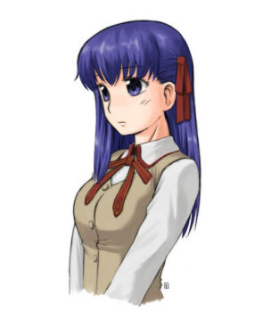 Rule 34 | archived source, bad link, blue eyes, blue hair, blush, breasts, brown vest, buttons, cropped torso, expressionless, eyelashes, fate/stay night, fate (series), hair behind ear, hair between eyes, hair over shoulder, hair ribbon, homurabara academy school uniform, impasto, light frown, long face, long hair, long sleeves, matou sakura, medium breasts, multicolored hair, nagian, neck ribbon, nose, red ribbon, ribbon, school uniform, shirt, signature, simple background, streaked hair, type-moon, undershirt, upper body, vest, white background, white shirt, white sleeves, wing collar, wispy bangs