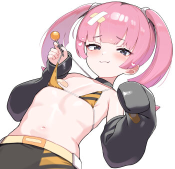 1girl bandaid bandaids_on_nipples bikini bikini_top_lift black_eyes black_nails blush bra bra_lift candy closed_mouth clothes_lift coral_(pokemon) flat_chest food hair_ornament heart highres holding holding_candy holding_food holding_lollipop lollipop looking_at_viewer navel nintendo pasties pink_hair pokemon pokemon_(anime) pokemon_horizons simple_background solo stomach swimsuit twintails underwear unizou white_background