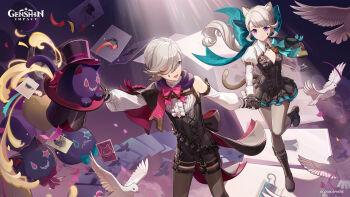 1boy 1girl animal_ear_fluff animal_ears bird black_boots black_gloves black_pantyhose boots brother_and_sister brown_hair cat_ears cat_girl cat_tail closed_mouth commentary english_commentary facial_mark genshin_impact gloves hat highres huge_bow knee_boots long_hair long_sleeves lynette_(genshin_impact) lyney_(genshin_impact) official_art pantyhose pigeon purple_eyes running siblings smile star_(symbol) star_facial_mark tail top_hat twins very_long_hair