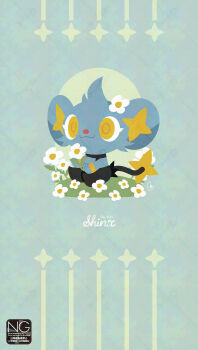 animal_focus black_fur blue_fur closed_mouth flower gen_4_pokemon grass hair_flower hair_ornament highres meme_(sleepsheep) nintendo no_humans pokemon pokemon_(creature) pokemon_focus shinx sitting smile tail yellow_eyes