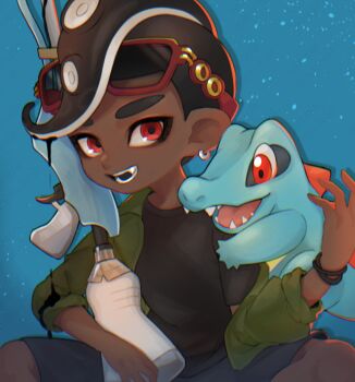 1boy :d black_hair black_shirt black_shorts black_tongue blue_background chromatic_aberration cowboy_shot crossover dark-skinned_male dark_skin drop_shadow earrings eyewear_on_head fang gen_2_pokemon green_jacket hand_up happy holding holding_weapon jacket jewelry looking_at_viewer male_focus mohawk nintendo octoling_boy octoling_player_character oekk_8 on_shoulder open_clothes open_jacket open_mouth over_shoulder pokemon pokemon_(creature) pokemon_on_shoulder red-framed_eyewear red_eyes shirt short_hair shorts single_off_shoulder sitting smile splatoon_(series) splatoon_3 spread_legs squiffer_(splatoon) sunglasses thick_eyebrows three-quarter_sleeves totodile very_short_hair weapon weapon_over_shoulder wristband