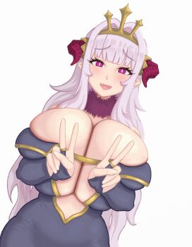 1girl :d black_dress blush breasts breasts_squeezed_together bright_pupils cleavage cleavage_cutout clothing_cutout czrnwrn demon_girl demon_horns double_v dress fur_collar gold_tiara gold_trim highres horns huge_breasts kanan-sama_wa_akumade_choroi lillum long_hair looking_at_viewer open_mouth pink_eyes pointy_ears raised_eyebrows red_horns sidelocks simple_background slit_pupils smile tight_clothes tight_dress v white_background