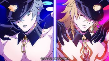 2boys artist_name black_gloves blonde_hair blue_eyes braid chain chest_tattoo cioccolatodorima commentary cosplay detached_collar earrings english_commentary facial_tattoo gloves grey_hair hat hat_over_one_eye honkai:_star_rail honkai_(series) jewelry male_focus multiple_boys mydei_(honkai:_star_rail) neck_tattoo panty_&amp;_stocking_with_garterbelt parody phainon_(honkai:_star_rail) police_hat polyester_(psg) polyester_(psg)_(cosplay) polyurethane_(psg) polyurethane_(psg)_(cosplay) side_braid split_screen style_parody tattoo