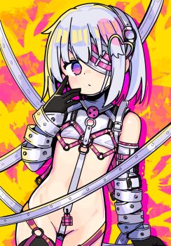 1girl bare_shoulders black_gloves blush bondage_outfit colored_inner_hair commentary crop_top crotch_strap dohna_dohna_issho_ni_warui_koto_o_shiyou expressionless extreme_crop_top eyepatch flat_chest gag gloves hair_ornament heart heart_hair_ornament highres layered_gloves loli looking_at_viewer multicolored_hair nangong_(skarndrnjs) onono_imoko_(style) pink_eyes pink_hair porno_(dohna_dohna) revealing_clothes short_hair solo strap two-tone_hair white_hair wiffle_gag