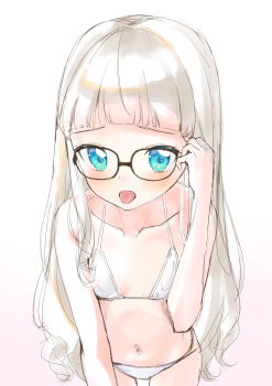 1girl aikatsu! aikatsu!_(series) aqua_eyes bare_arms bare_shoulders bikini black-framed_eyewear blue_eyes blunt_bangs blush breasts collarbone cowboy_shot fang flat_chest glasses gradient_background hand_up leaning_forward loli long_hair looking_at_viewer navel open_mouth pink_background ren-da-min simple_background sketch small_breasts solo standing swimsuit todo_yurika tongue tongue_out very_long_hair white_background white_bikini white_hair