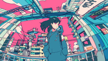 1girl akabane_1999 backpack bag billboard black_hair building cable city cityscape cover drawstring earbuds earphones fisheye flat_color hands_in_pocket hands_in_pockets highres hood hood_down hoodie ligne_claire long_sleeves looking_to_the_side original outdoors pink_background pink_eyes pink_sky power_lines red_sky road scenery sign sky solo standing street train_station utility_pole window