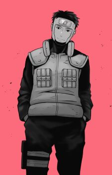 1boy flak_jacket forehead_protector greyscale_with_colored_background hands_in_pockets highres jacket konohagakure_symbol long_sleeves looking_at_viewer male_focus naruto_(series) naruto_shippuuden pants red_background sameccor shirt short_hair smile solo yamato_(naruto)