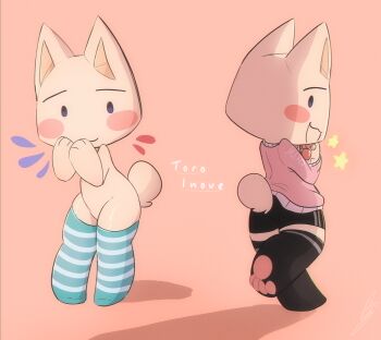 1boy :3 animal_ears black_shorts black_thighhighs blush_stickers cat_boy cat_ears cat_tail chibikemo commentary doko_demo_issyo full_body furry furry_male girly_boy highres inoue_toro looking_at_viewer male_focus multiple_views open_mouth pawpads pink_background pink_sweater shorts simple_background smile solid_oval_eyes standing striped_clothes striped_thighhighs sweater symbol-only_commentary tail thighhighs walking white_fur wolfaroon