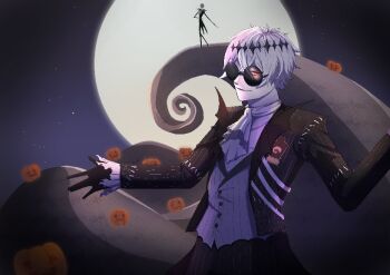2boys black_crown crown diamond_hairband formal_clothes gloves iruma_hibiki jack_skellington jacket long_sleeves looking_at_viewer male_focus moon multiple_boys pinstripe_jacket pinstripe_pattern pinstripe_suit pinstripe_vest pumpkin round_eyewear short_hair skeleton_print skully_j._graves smile striped_clothes striped_jacket striped_vest suit sunglasses the_nightmare_before_christmas twisted_wonderland vertical-striped_clothes vertical-striped_vest vest white_hair