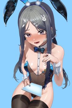 1girl animal_ears bags_under_eyes black_hair black_thighhighs blue_background blue_bow blue_bowtie blue_nails blush bow bowtie buttons carrot_hair_ornament crescent crescent_hair_ornament detached_collar earpiece embarrassed exia_(hacker_rabbit)_(nikke) exia_(nikke) food-themed_hair_ornament fur_wrist_cuffs goddess_of_victory:_nikke hair_ornament hand_up highres holding holding_tablet_pc invisible_chair leotard long_hair long_sidelocks looking_at_viewer low_twintails open_mouth playboy_bunny pom_pom_(clothes) pom_pom_hair_ornament purple_eyes rabbit_ears rabbit_hair_ornament see-through_clothes see-through_leotard sidelocks silvertsuki sitting solo strapless strapless_leotard tablet_pc thigh_gap thighhighs twintails wrist_cuffs