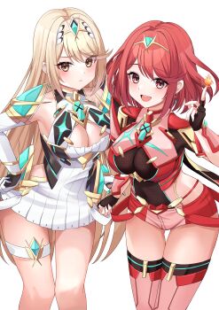 2girls absurdres arm_guards armor bare_shoulders black_gloves blonde_hair bob_cut breasts chest_jewel cleavage closed_mouth commentary_request core_crystal_(xenoblade) cowboy_shot dress earrings elbow_gloves fingerless_gloves fire floating_earrings gloves hand_on_own_hip hand_up highres index_finger_raised jewelry kaede_(maple4rt) large_breasts long_hair looking_at_viewer microdress multiple_girls mythra_(xenoblade) open_mouth pyra_(xenoblade) pyrokinesis red_eyes red_hair red_shorts red_thighhighs see-through_cleavage see-through_clothes short_hair short_shorts short_sleeves shorts shoulder_armor simple_background skindentation sleeveless sleeveless_dress smile suspenders_hanging swept_bangs thigh_strap thighhighs tiara very_long_hair white_background white_dress white_gloves xenoblade_chronicles_(series) xenoblade_chronicles_2 yellow_eyes