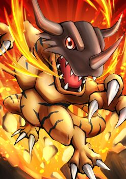 Rule 34 | absurdres, commentary request, digimon, digimon (creature), dinosaur, dowa d 715, fire, full body, greymon, highres, horns, open mouth, red eyes, sharp teeth, teeth