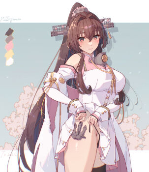 1girl adjusting_clothes adjusting_panties black_panties boots breasts brown_hair cherry_blossoms clothes_lift clothing_cutout coat collar commentary_request flower hair_between_eyes hair_flower hair_intakes hair_ornament headgear highres himeyamato huge_breasts kantai_collection long_coat long_hair metal_collar miniskirt panties pleated_skirt ponytail red_eyes sakuramon shoulder_cutout side-tie_panties sidelocks single_thigh_boot skirt skirt_lift sleeveless sleeveless_coat solo thigh_boots underwear very_long_hair white_skirt yamato_(kancolle) yamato_kai_ni_(kancolle)