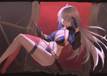 1girl absurdres arm_up belt bikini black_bikini black_gloves black_shrug breasts brown_belt closed_mouth collared_shrug commentary fate/grand_order fate_(series) feet_out_of_frame floating gloves halterneck highres holding holding_sword holding_weapon jeanne_d'arc_alter_(fate) jeanne_d'arc_alter_(swimsuit_berserker)_(fate) katana long_hair long_sleeves looking_at_object medium_breasts o-ring o-ring_bikini o_taku red_thighhighs shrug_(clothing) solo swimsuit sword thigh_belt thigh_strap thighhighs weapon white_hair yellow_eyes