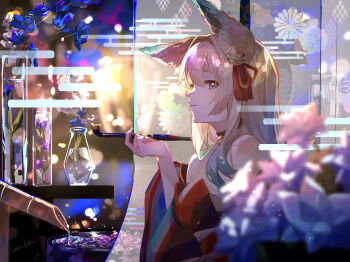 1girl absurdres animal_ears bare_shoulders bell black_kimono blonde_hair blue_eyes blue_flower blurry blurry_background blurry_foreground breasts commission depth_of_field flower fox_ears fox_girl from_side hair_bell hair_ornament highres holding holding_smoking_pipe ichinose_elma indie_virtual_youtuber japanese_clothes kimono long_hair medium_breasts neck_bell off_shoulder oriori_0201 parted_lips skeb_commission smoking_pipe solo virtual_youtuber water