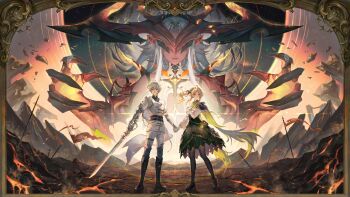 1boy 2girls ahoge belt black_belt black_boots black_pantyhose black_shirt black_shoes blonde_hair boots breasts chinese_commentary coat colored_skin commentary_request daphne_(duet_night_abyss) dress duet_night_abyss full_body hair_between_eyes hair_intakes hellfire_(duet_night_abyss) highres holding holding_sword holding_weapon lips multiple_girls pants pantyhose phoxhunter_(duet_night_abyss) ponytail red_eyes red_skin shirt shoes short_hair standing sword tamaki_(tamaki599) the_boy_in_the_dream_(duet_night_abyss) torn_flag weapon white_coat white_hair white_pants