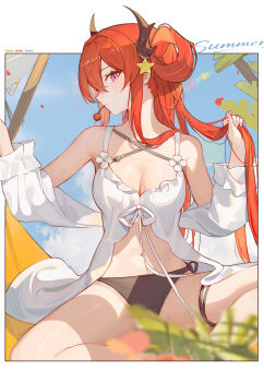 1girl arknights blue_sky breasts horns jean.organ looking_at_viewer medium_breasts navel red_hair sky solo surtr_(arknights) swimsuit