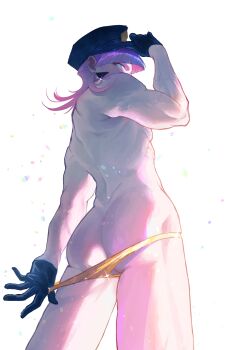 1boy absurdres ass back black_gloves blue_eyes commentary_request from_behind from_below gloves hat highres light_particles male_focus panties panty_&amp;_stocking_with_garterbelt panty_pull pink_hair polyurethane_(psg) ray5green simple_background solo standing thighs toned toned_male underwear veins veiny_arms white_background yellow_panties