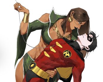 1boy 1girl bare_shoulders batman_(series) belt black_hair bodysuit breasts brown_hair carrying dc_comics gloves highres jason_todd long_hair midriff multicolored_bodysuit muscular muscular_male navel open_mouth robin_(dc) short_hair simple_background superhero_costume talia_al_ghul taut_bodysuit two-tone_bodysuit utility_belt vovanixen46546