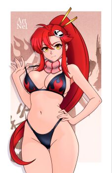 1girl artist_logo artist_name artofnel bare_shoulders bikini bikini_pull black_bikini breasts cleavage clothes_pull collarbone flame_print hair_between_eyes hair_ornament hair_stick highres large_breasts logo long_hair looking_at_viewer navel ponytail red_hair scarf sidelocks skull_hair_ornament smile solo stomach striped_clothes striped_scarf swimsuit tengen_toppa_gurren_lagann yellow_eyes yoko_littner