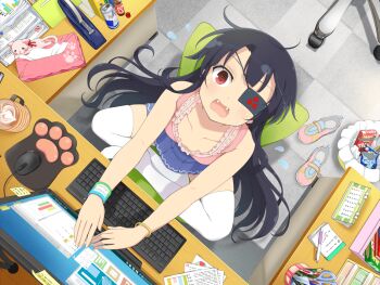 1girl at_computer black_hair blue_skirt blush book bracelet brand_name_imitation calendar_(object) casual chair coffee coffee_mug computer computer_keyboard computer_mouse crossed_legs cup desk desktop_(computing) embarrassed eyepatch fangs flat_chest flying_sweatdrops food frilled_tank_top gold_bracelet jewelry latte_art long_hair looking_at_viewer miniskirt mirai_(senran_kagura) mitsudomoe_(shape) monitor mousepad_(object) mug notepad official_art open_mouth oreo paper paw_print pen pencil pink_shoes pink_tank_top pocky red_bull red_eyes ruler scissors senran_kagura senran_kagura_new_link senran_kagura_shoujo-tachi_no_shin'ei shelf shoes skirt solo sticky_note swivel_chair tank_top tape tape_dispenser thighhighs tile_floor tiles tissue tissue_box tomoe_(symbol) trash_can two-tone_wristband used_tissue white_thighhighs wristband