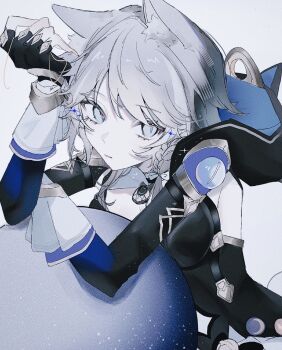 1girl 22l_1 animal_ears animal_hood ball black_gloves black_leotard blue_eyes breasts cat_ears cat_girl cat_hood cat_tail cipher_(honkai:_star_rail) fingerless_gloves gloves grey_hair highres honkai:_star_rail honkai_(series) hood large_breasts leotard looking_at_viewer short_hair_with_long_locks simple_background solo tail