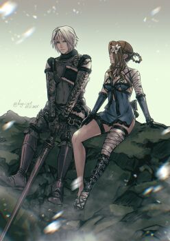 1boy 1girl aerith_gainsborough bandaged_arm bandaged_leg bandages black_boots black_gloves black_jacket blue_negligee blue_sleeves blurry blurry_foreground boots braid braided_hair_rings breasts brown_hair cosplay dated detached_sleeves final_fantasy final_fantasy_vii final_fantasy_vii:_ever_crisis flower full_body fur-trimmed_jacket fur_trim gloves grey_hair hair_flower hair_ornament hair_rings highres holding holding_sword holding_weapon jacket kaine_(nier) kaine_(nier)_(cosplay) kay-i light_smile long_hair looking_at_another medium_breasts nier_(brother) nier_(brother)_(cosplay) official_alternate_costume panties parted_bangs parted_lips sephiroth sephiroth_(ever_crisis) short_hair sidelocks sitting sword twitter_username underboob underwear weapon white_flower white_panties