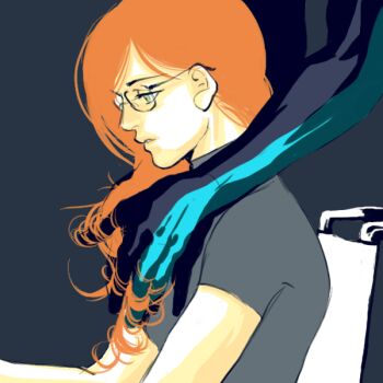 1boy 1girl barbara_gordon batman_(series) dc_comics dick_grayson glasses gloves nightwing oracle oracle_(dc) orange_hair profile shirt sitting t-shirt wheelchair