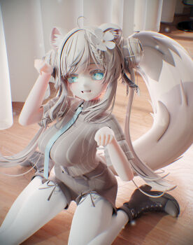 1girl 3d absurdres ahoge animal_ear_fluff animal_ears ankle_boots aqua_eyes aznyan07 belt black_shoes black_shorts blue_eyes blue_necktie boots braid braided_bangs braided_bun breasts brown_shirt brown_shorts collared_shirt curtains double_bun flower fox_tail grey_hair grey_shirt grin hair_bun hair_flower hair_ornament hair_ribbon highres indoors large_breasts lion_ears lion_girl lion_tail long_hair looking_at_viewer manuka_(vrchat) necktie pantyhose paw_pose ribbon shirt shoes short_shorts short_sleeves shorts sidelocks sitting smile solo squirrel_ears squirrel_tail striped_clothes striped_shirt symbol-shaped_pupils tail teeth twintails vertical-striped_clothes vertical-striped_shirt vrchat wariza white_flower white_hair white_pantyhose wooden_floor