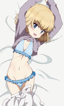 1girl bikini blonde_hair blue_bikini blue_eyes blush breasts clothes_lift clothes_pull fang girls_und_panzer katyusha_(girls_und_panzer) kayabakoro looking_at_viewer navel open_mouth shirt_lift short_hair skirt skirt_pull small_breasts smile solo swimsuit
