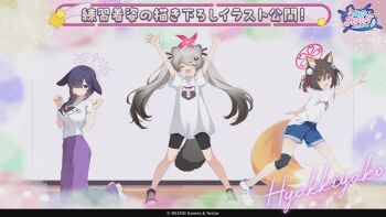 3girls animal_ear_fluff animal_ears arms_up bike_shorts blue_archive brown_hair closed_eyes denim denim_shorts fox_ears fox_girl fox_tail full_body gradient_hair grey_hair hair_over_one_eye halo highres izuna_(blue_archive) kneeling long_hair lop_rabbit_ears michiru_(blue_archive) multicolored_hair multiple_girls official_art ohara_tometa open_mouth pants purple_hair purple_pants rabbit_ears raccoon_ears raccoon_girl raccoon_tail red_halo shoes short_hair shorts sneakers tail tsukuyo_(blue_archive) twintails yellow_eyes
