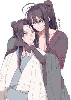 Rule 34 | 2boys, ahoge, amana raika, black bridal gauntlets, black eyes, black hair, black hanfu, blue sash, bridal gauntlets, brown hair, chinese clothes, closed mouth, collarbone, commentary request, couple, grey eyes, hand on another's chin, hanfu, headband, highres, hug, hug from behind, lan wangji, long hair, long sleeves, looking at another, male focus, modao zushi, multiple boys, parted lips, pectoral cleavage, pectorals, ponytail, robe, sash, sidelocks, simple background, sleeves past wrists, smile, topknot, wei wuxian, white background, white hanfu, white headband, wide sleeves, yaoi, yellow eyes