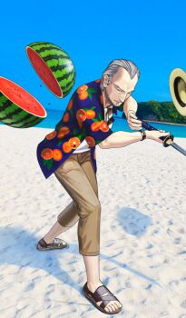 1boy beach beard blue_shirt blue_sky brown_pants brown_sandals capri_pants chinstrap_beard commentary_request day dutch_angle eyewear_hang facial_hair fate/grand_order fate_(series) fighting_stance food food_print fruit fruit_print furumi_showichi game_cg grey_facial_hair grey_hair hat holding holding_sword holding_weapon horizon katana male_focus official_art old old_man orange_print pants photo_background print_shirt sand sandals shirt shirt_under_shirt sideburns sky solo sunglasses sword third-party_source toes unworn_eyewear unworn_hat unworn_headwear watermelon weapon white_shirt yagyuu_munenori_(fate)