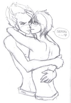 2boys arms_around_neck arms_around_waist blush glasses heart kamen_rider kamen_rider_den-o_(series) male_focus mexicaneggtoast momotaros multiple_boys nogami_ryoutarou possessed possession shirtless_male short_hair sketch spiked_hair technical_selfcest urataros yaoi