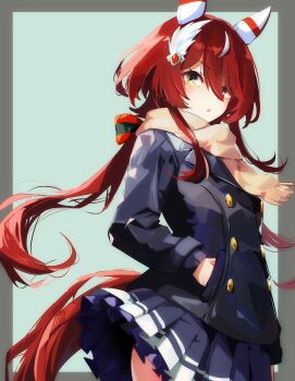 1girl absurdres animal_ears blue_coat blush breasts brown_scarf buttons coat double-breasted ear_covers ear_ornament feather_hair_ornament feathers green_eyes hair_between_eyes hair_ornament hand_in_pocket highres horse_ears horse_girl horse_tail long_hair long_sleeves looking_at_viewer low_twintails parted_lips purple_skirt red_hair scarf school_uniform simple_background skirt solo tail tracen_school_uniform tracen_winter_coat twintails umamusume win_variation_(umamusume) winter_clothes winter_coat winter_uniform yellow_scarf yoojp