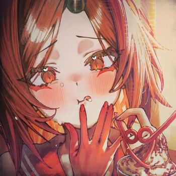 1girl betabeet blue_archive blush colored_skin commentary drinking_straw english_commentary food food_in_mouth food_on_face highres holding holding_drinking_straw horns long_hair looking_at_viewer multicolored_skin red_eyes red_hair red_sailor_collar red_skin renge_(blue_archive) sailor_collar single_horn solo